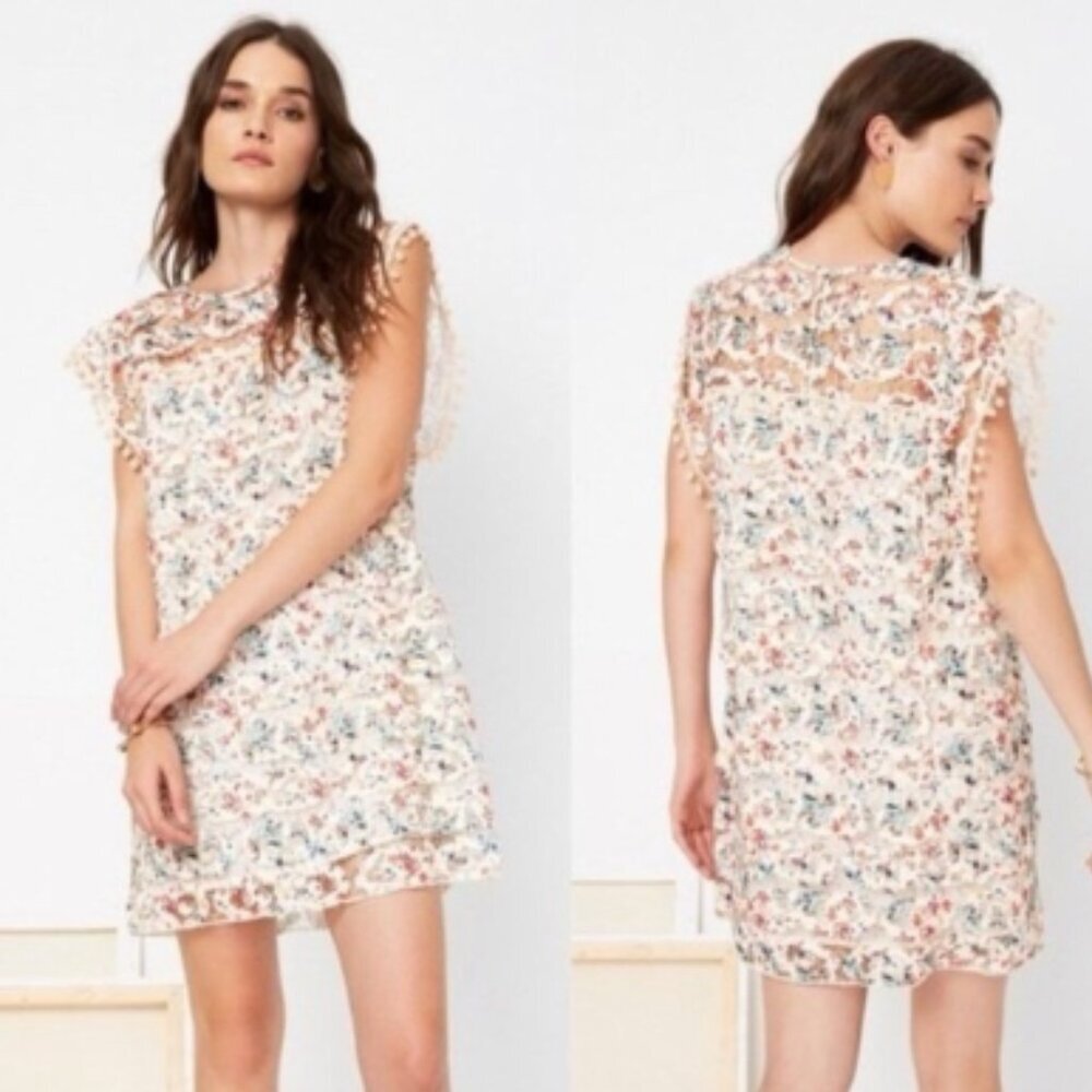 Tularosa Feminine Floral Crochet Lace Boho Pom Trim Cream Mini Dress Size S